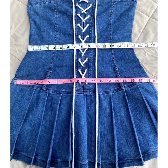 Y2K Denim Tube Dress M Pleated Skirt Lace-Up Front Drop Waist Skater 2000s USA - Picture 10 of 16